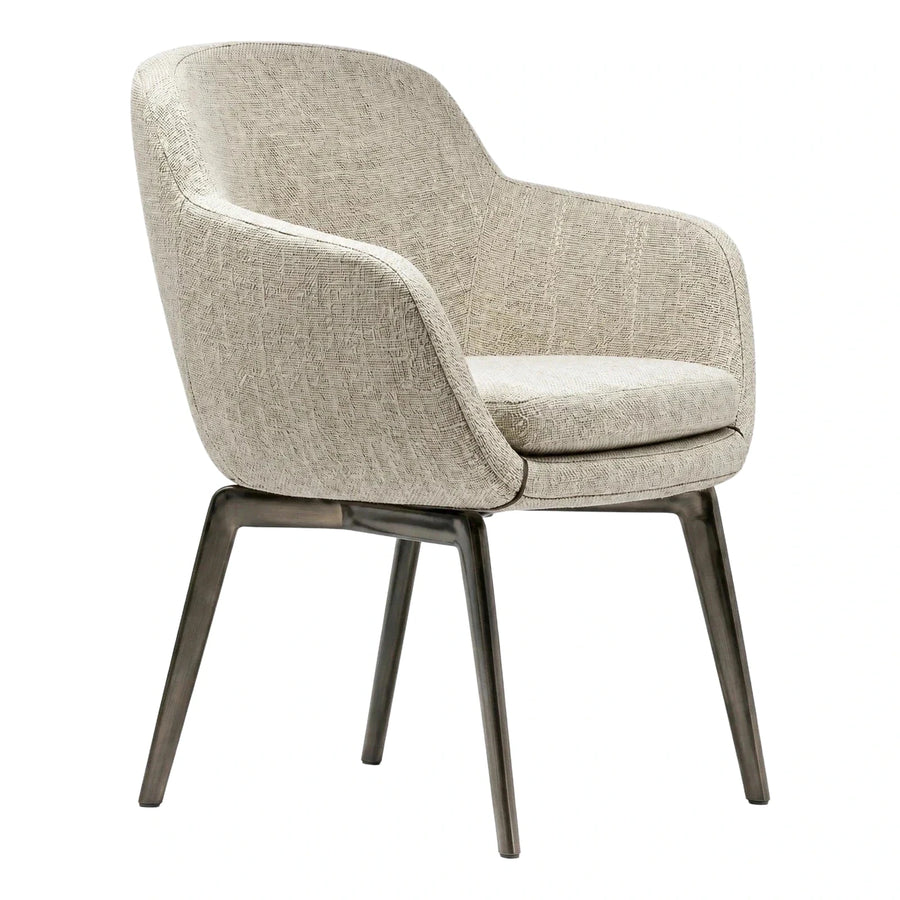 Curved Beige Fabric Armchair with Dark Wood Legs