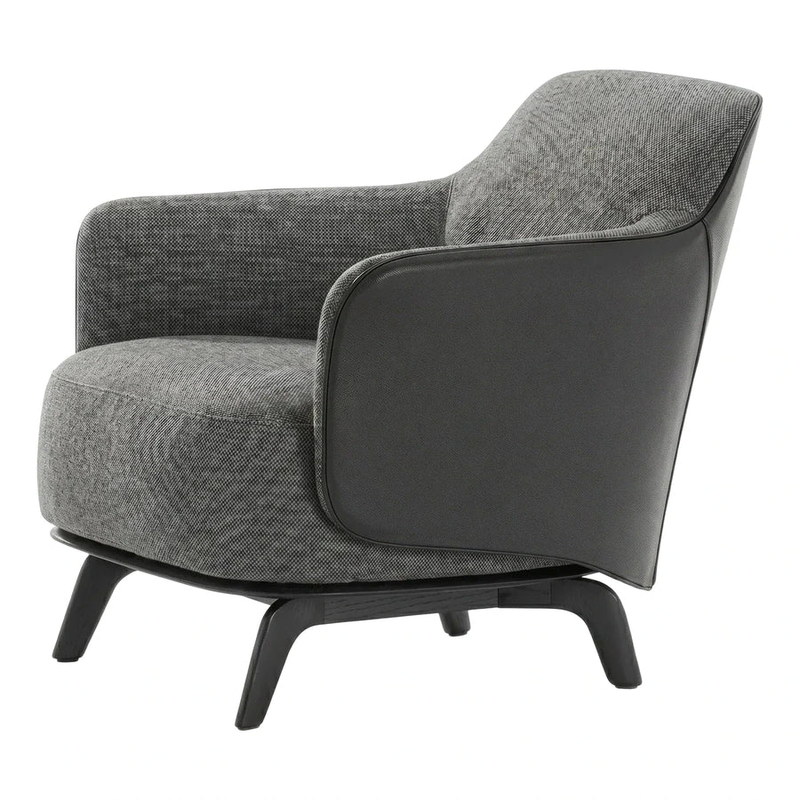 Modern Grey Fabric and Leather Armchair with Wood Legs