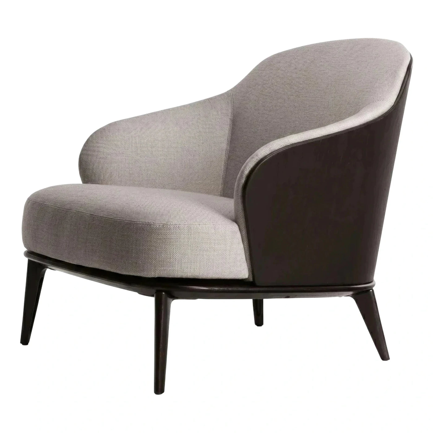 Curved Dark Wood Frame Grey Fabric Lounge Chair