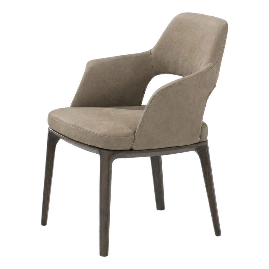 Modern Taupe Leather Armchair with Dark Wood Legs