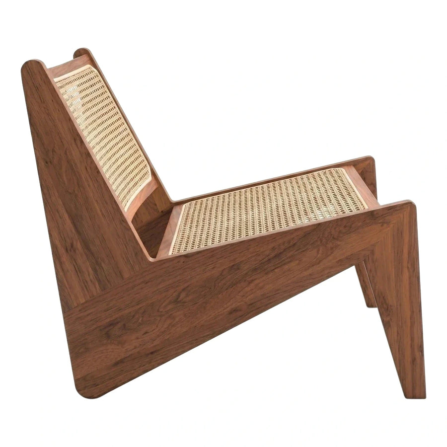 Angular Walnut Lounge Chair with Woven Cane Seat