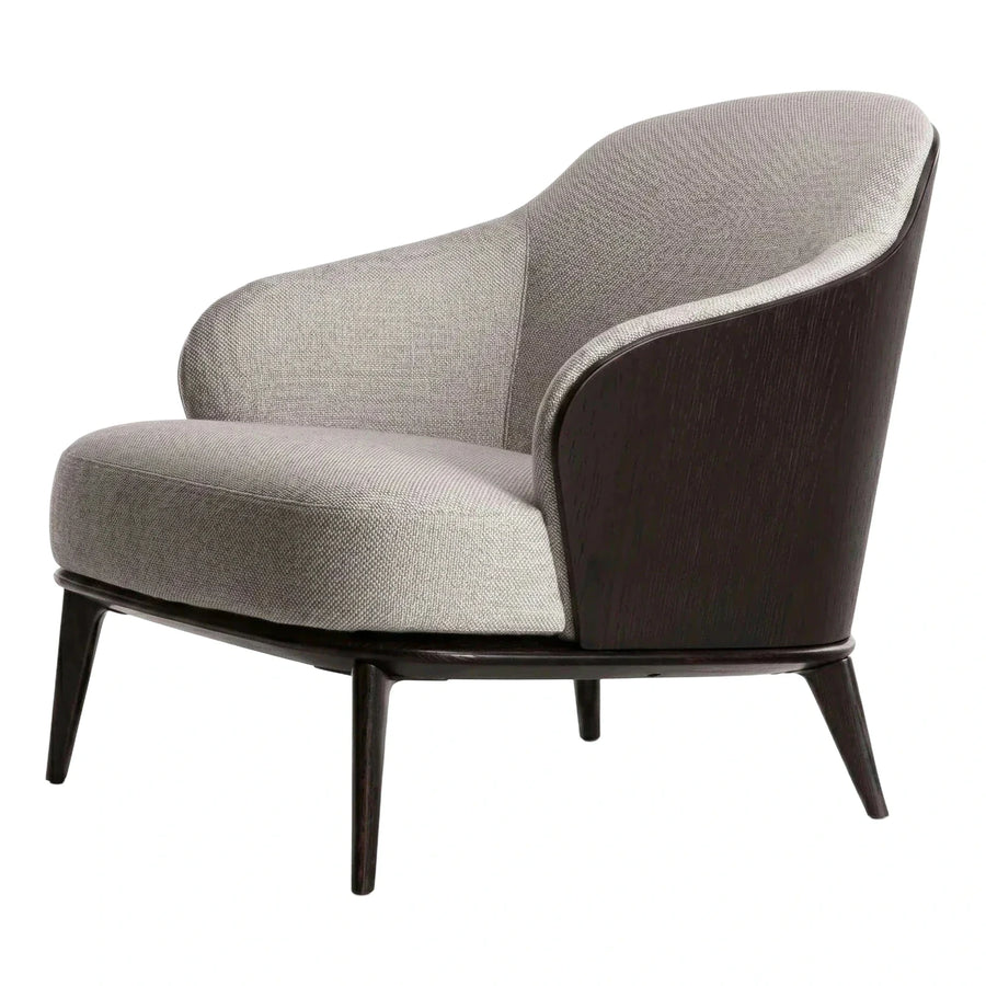 Modern Curved Armchair in Grey Fabric and Dark Wood