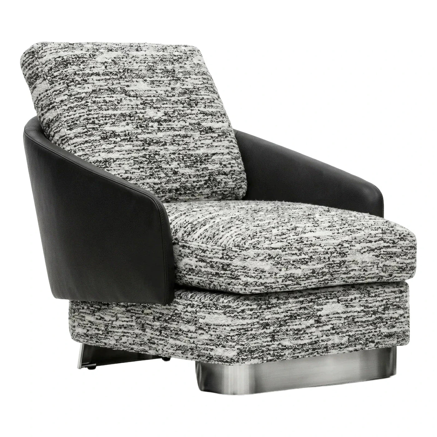 Modern Black Leather and Boucle Armchair with Metal Base