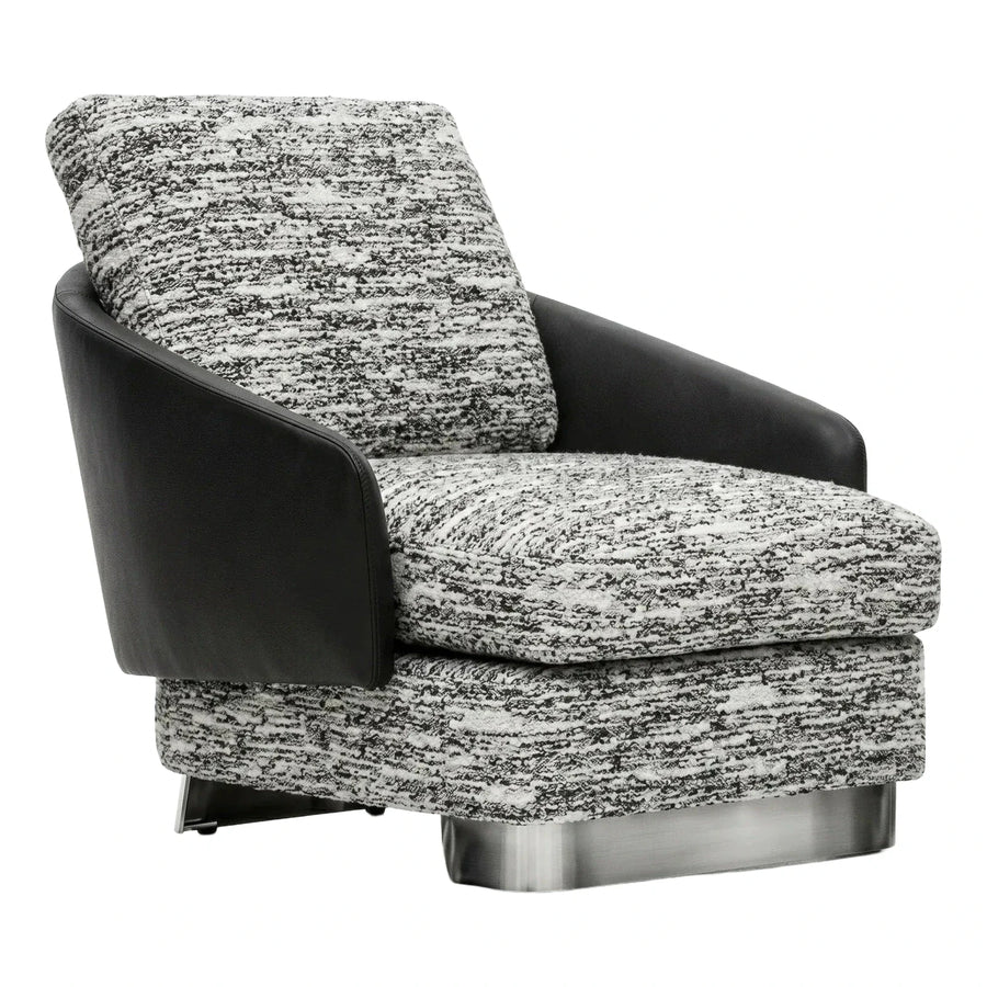 Modern Black Leather and Boucle Armchair with Metal Base