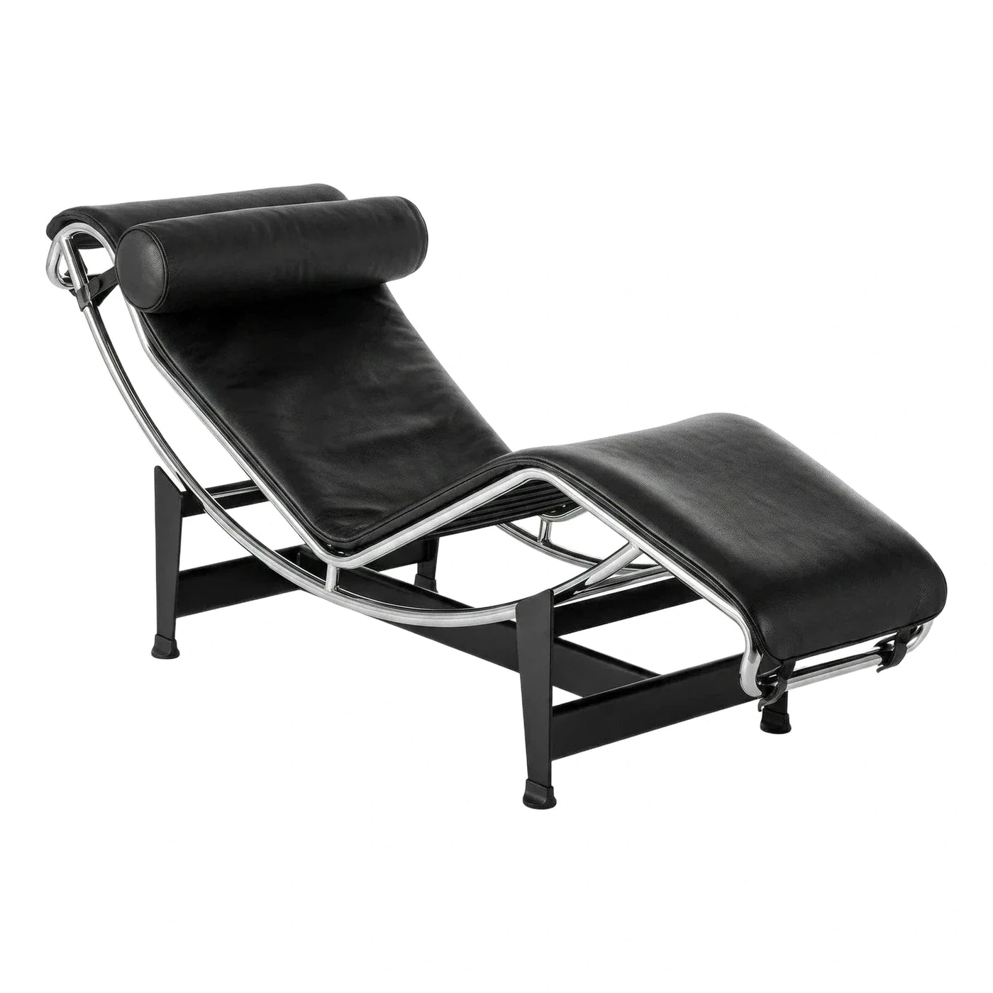 Modern Black Leather Chaise Lounge with Chrome Frame