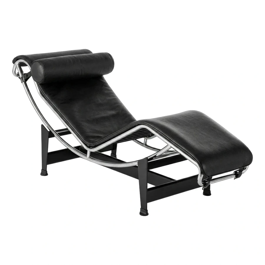 Modern Black Leather Chaise Lounge with Chrome Frame