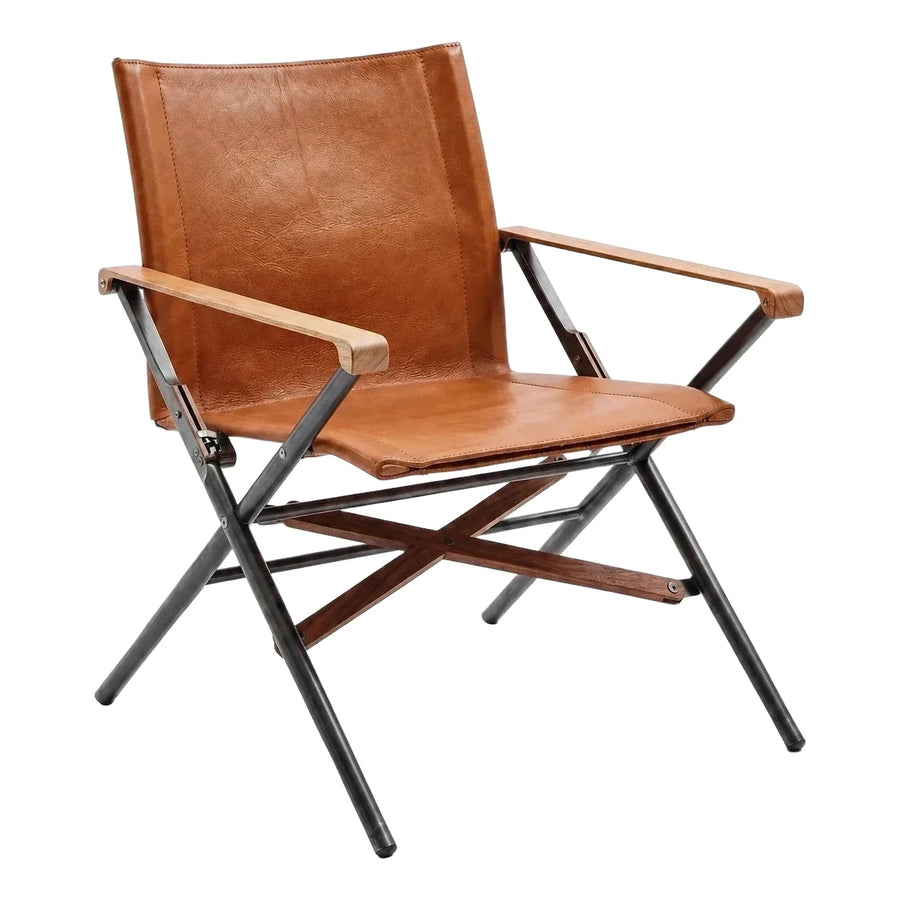 Modern Brown Leather Folding Armchair with Wood Accents