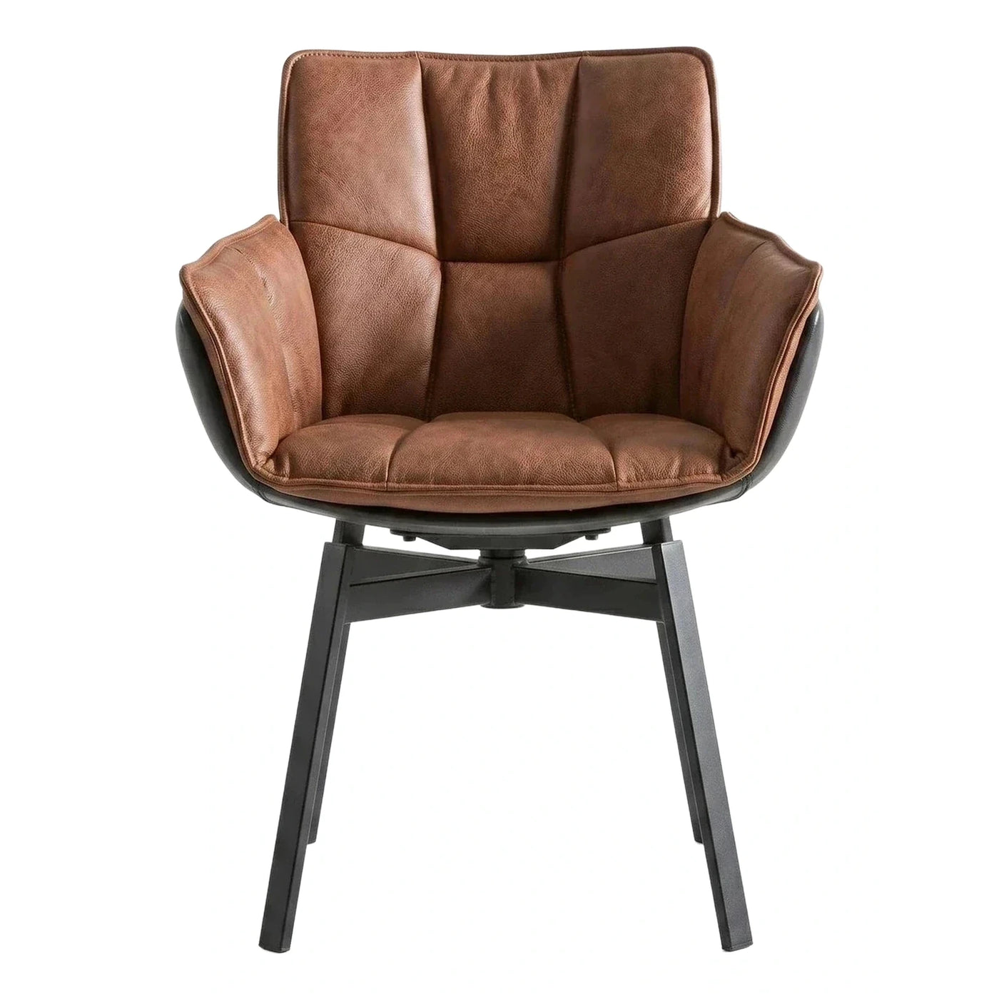 Brown Leather Swivel Armchair with Black Metal Base