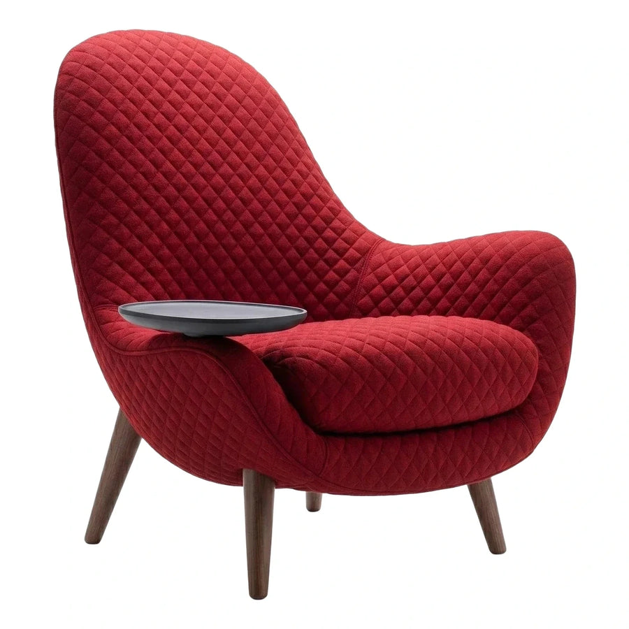 Red Quilted Armchair with Attached Side Tray