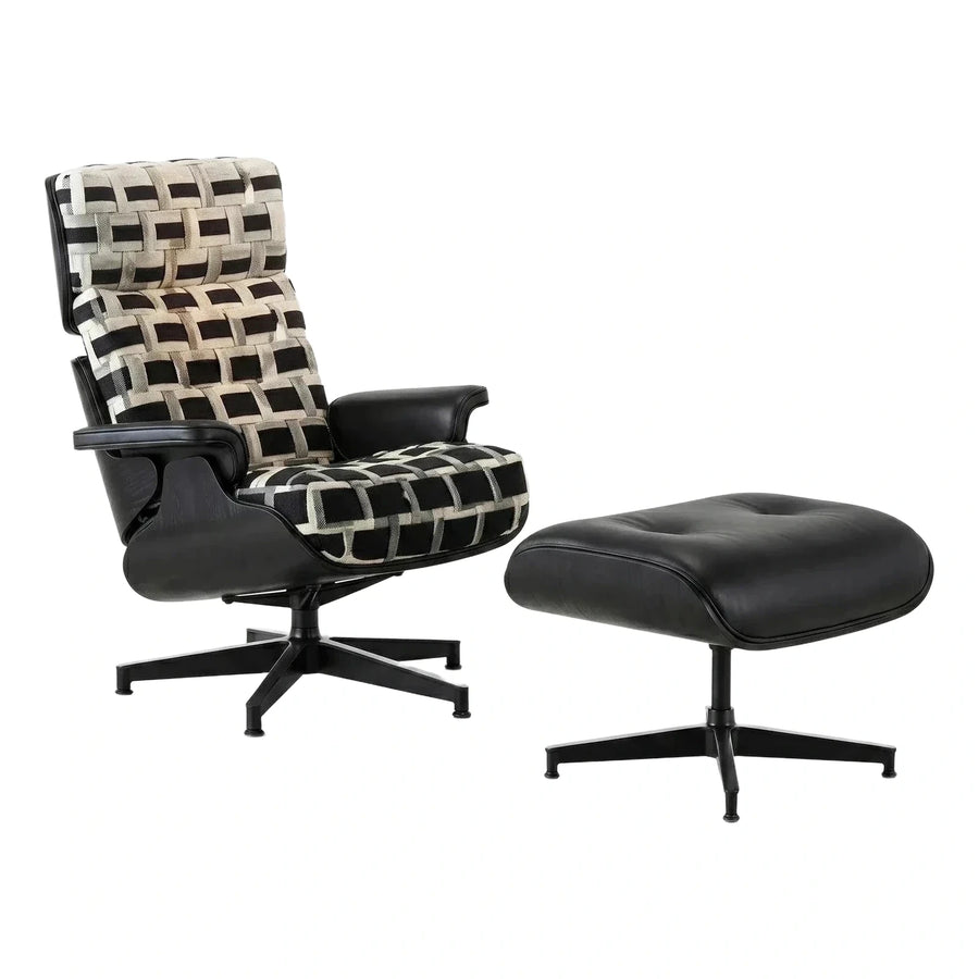 Black Woven Fabric Lounge Chair with Leather Ottoman