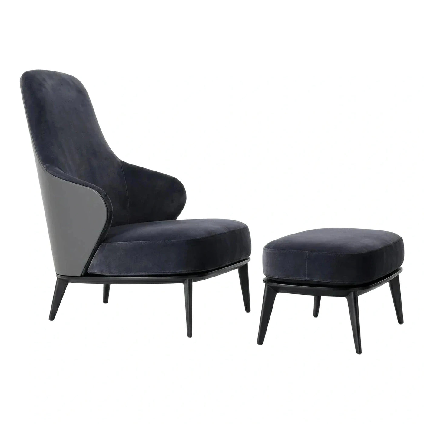 Modern Dark Blue Velvet Lounge Chair and Ottoman