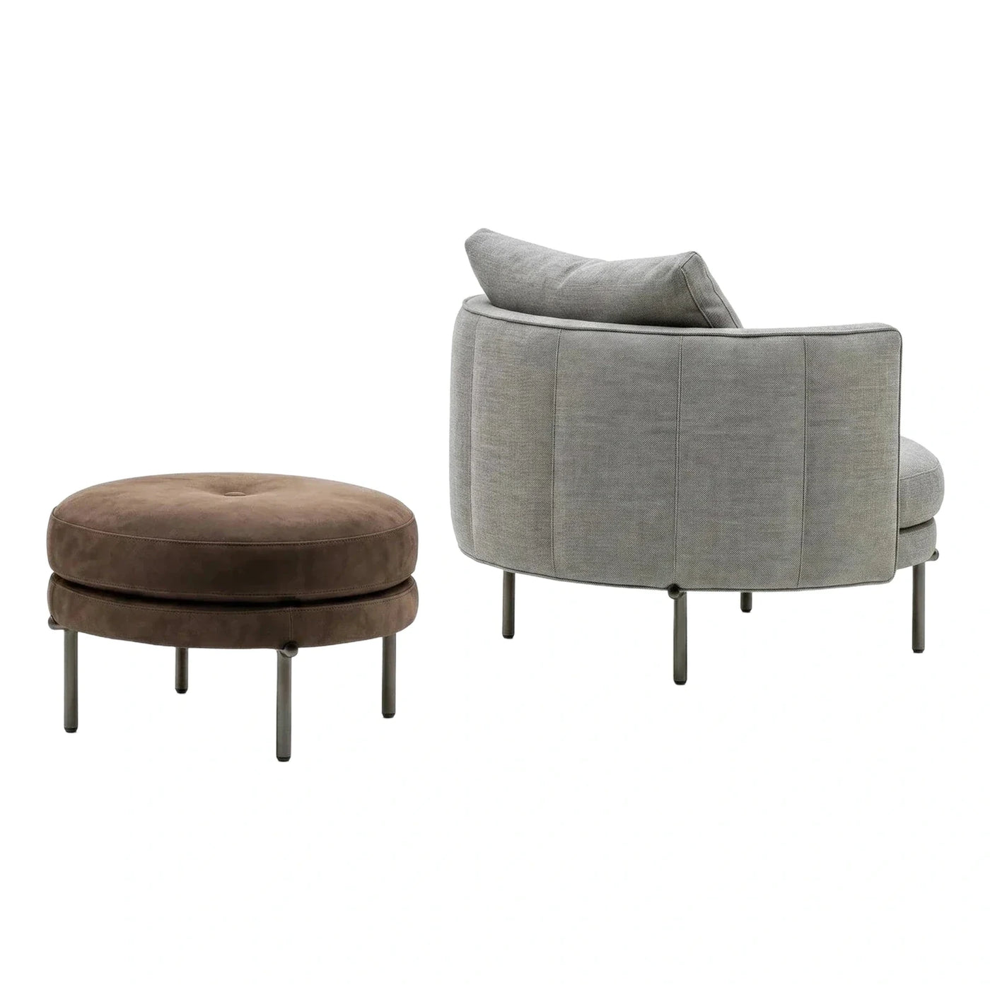 Curved Grey Fabric Lounge Chair and Brown Ottoman