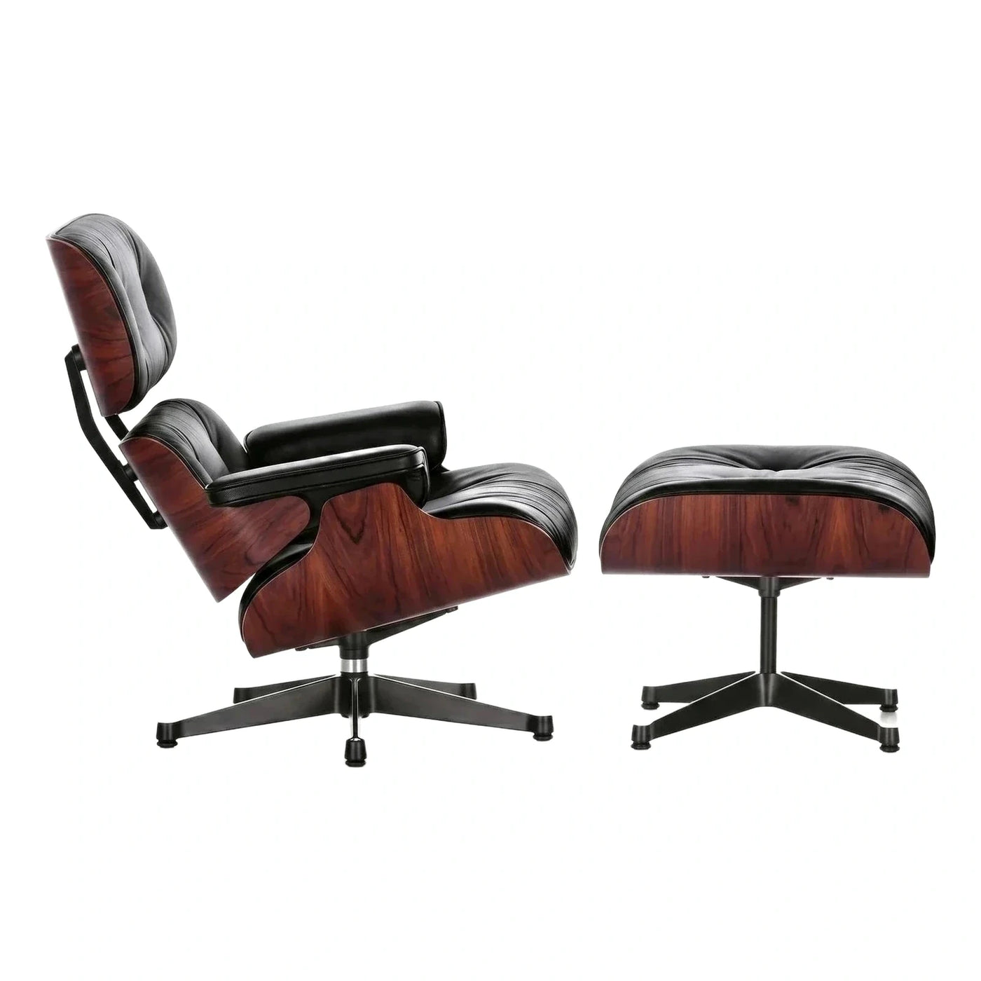 Black Leather Lounge Chair and Ottoman with Wood Shell