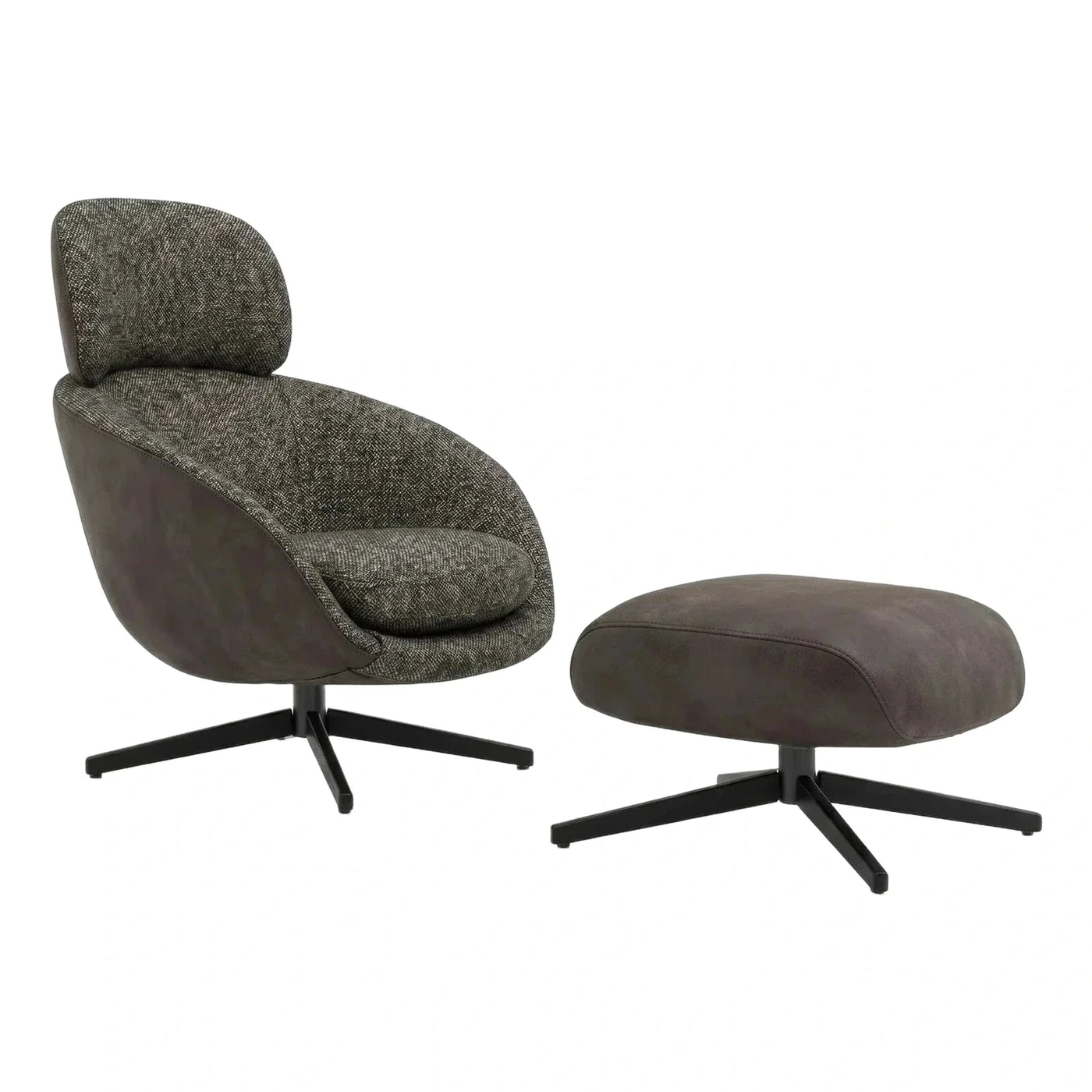 Modern Grey Fabric and Leather Swivel Chair with Ottoman