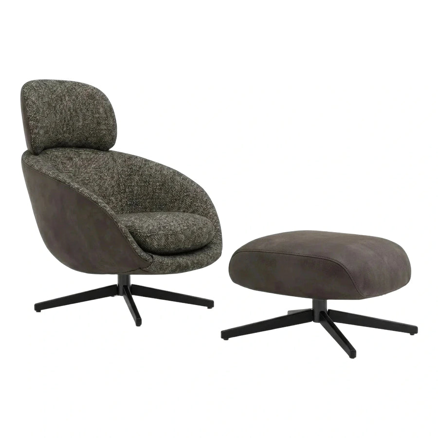 Modern Grey Fabric and Leather Swivel Chair with Ottoman