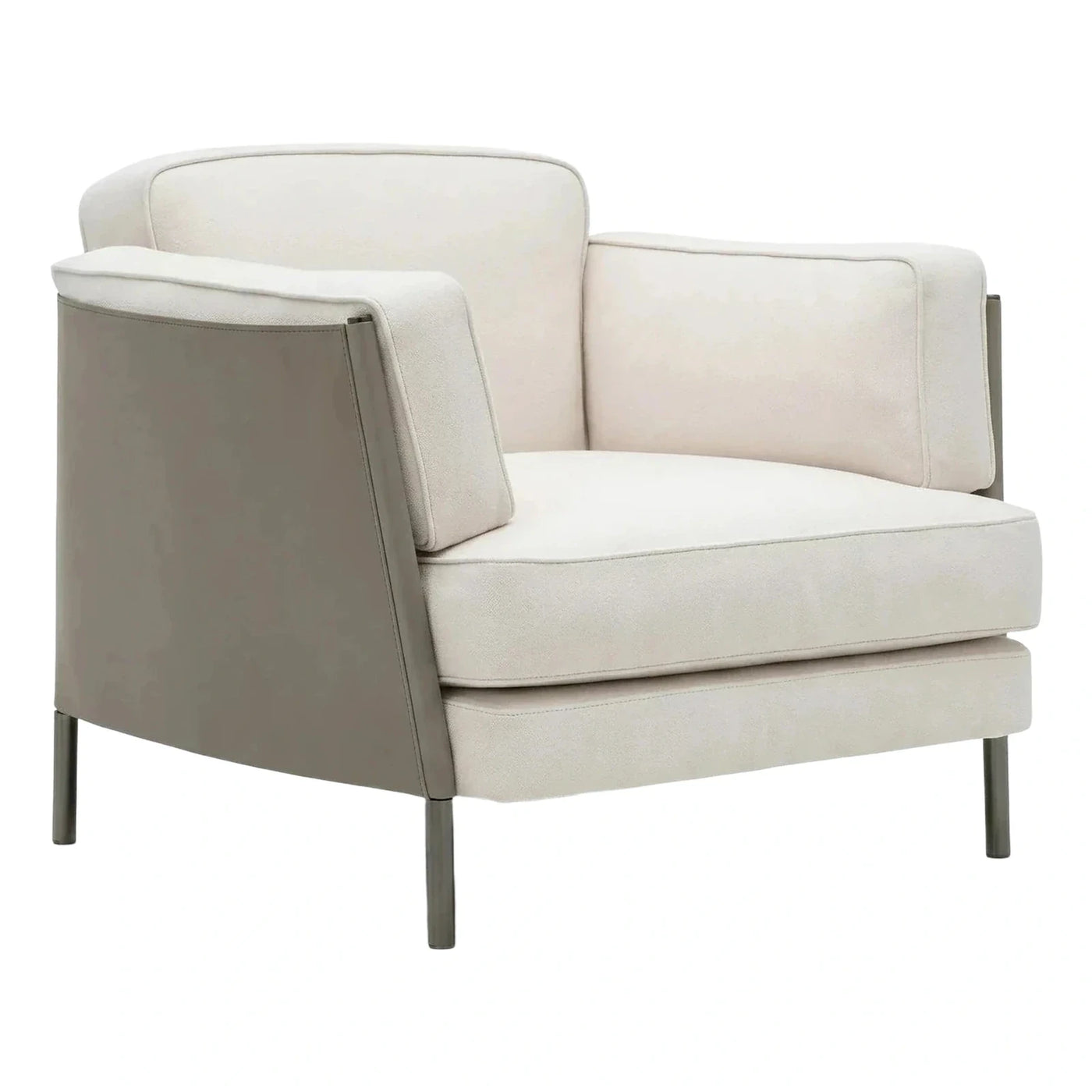 Modern Box Armchair with Cream Fabric and Grey Leather