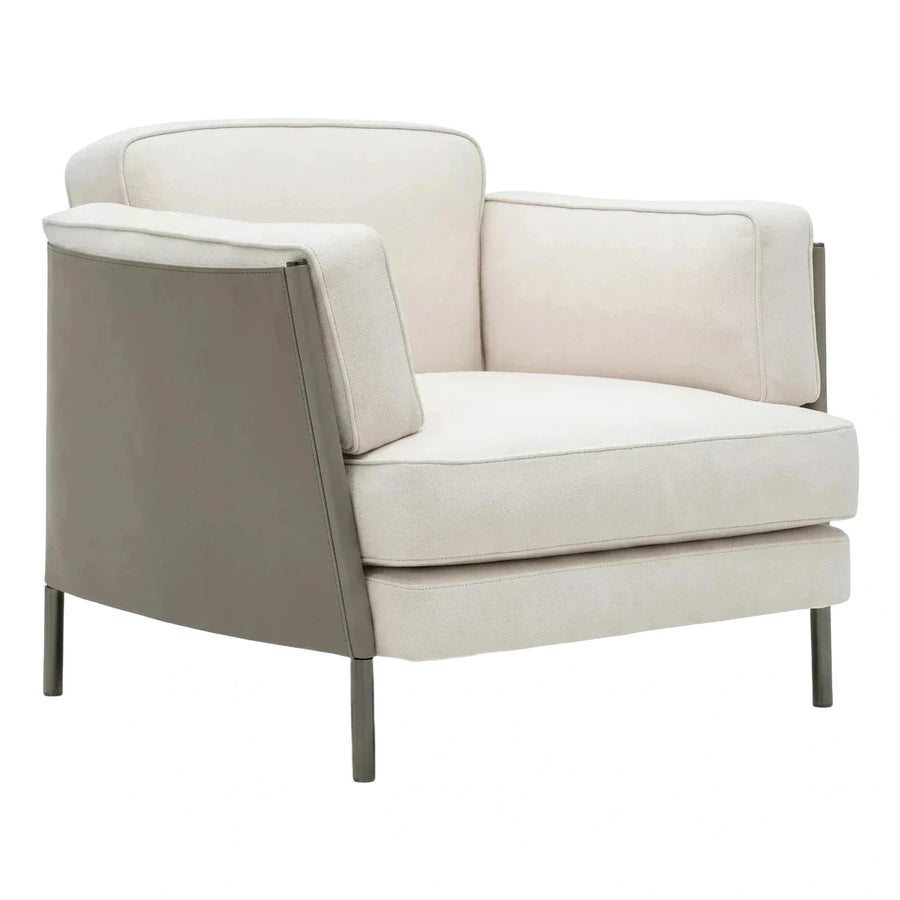 Modern Box Armchair with Cream Fabric and Grey Leather