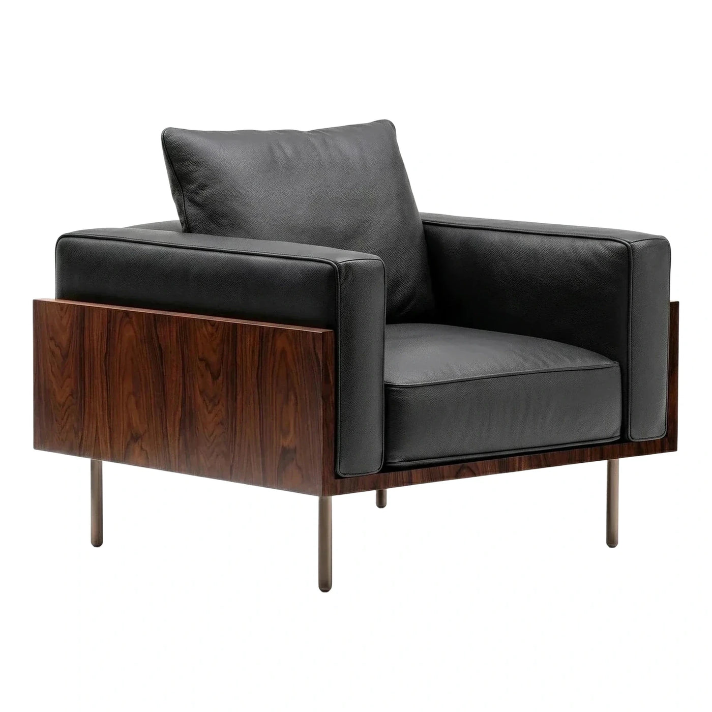Modern Black Leather Armchair with Dark Wood Frame