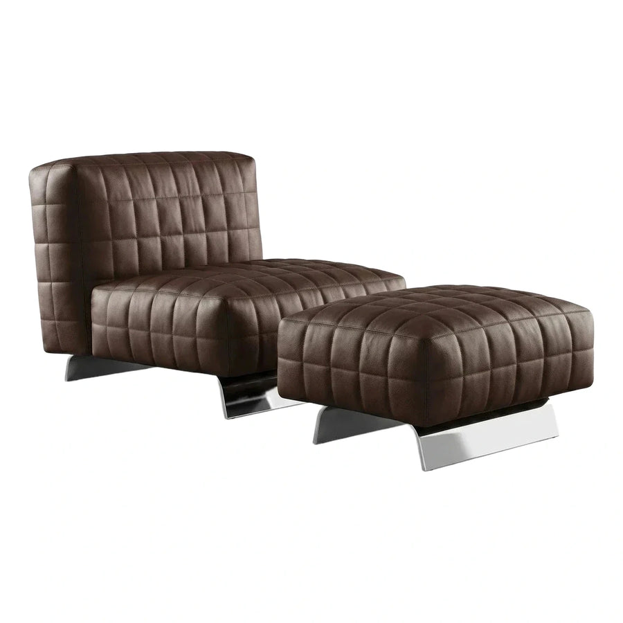 Modern Brown Leather Quilted Lounge Chair with Ottoman