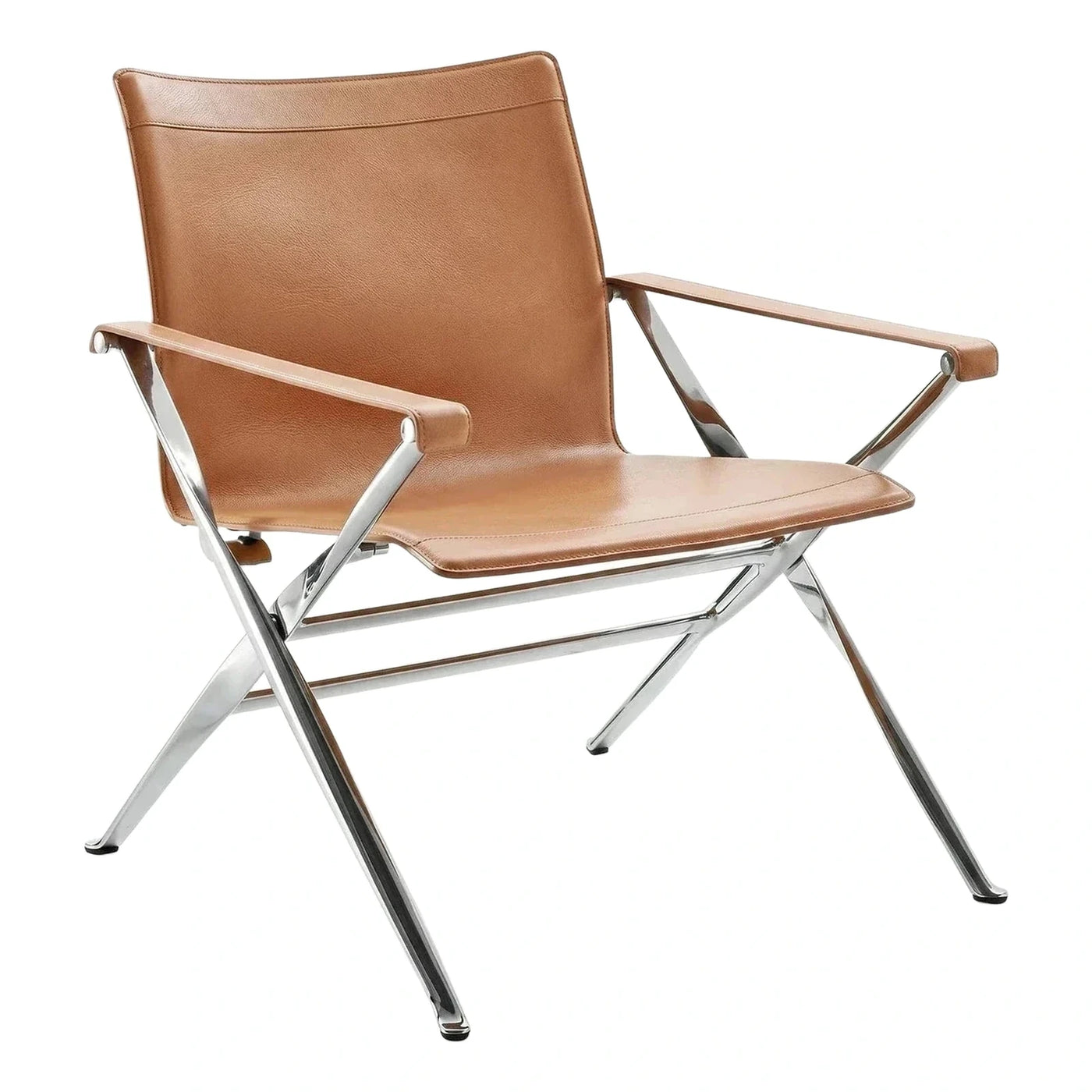 Modern Tan Leather Lounge Chair with Chrome Frame