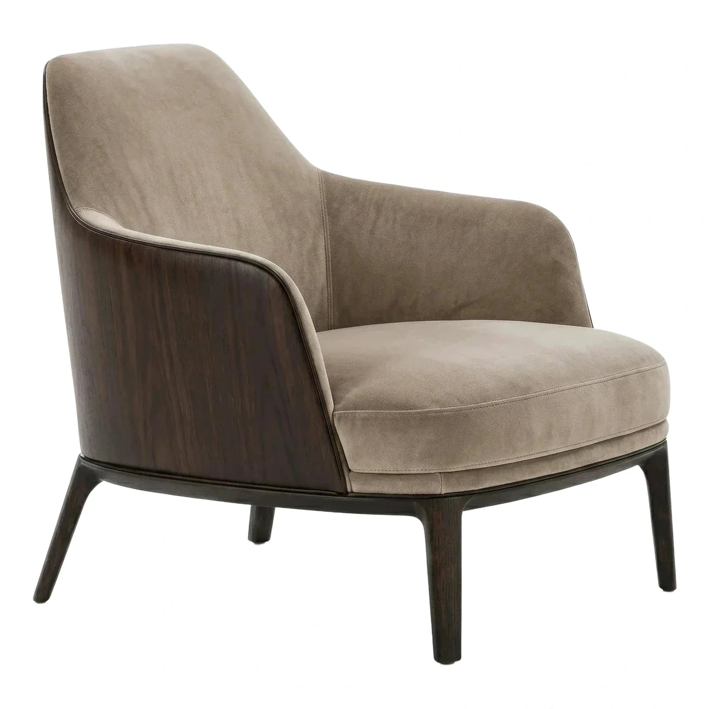 Modern Beige Fabric Armchair with Dark Wood Shell