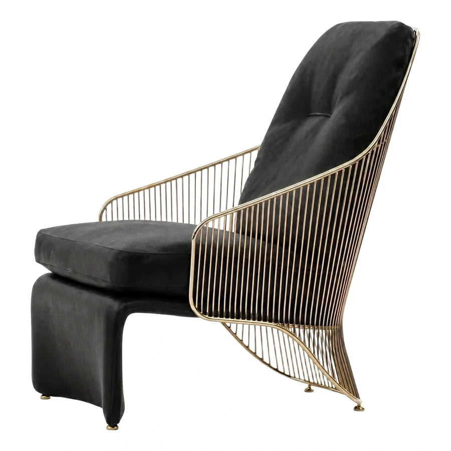 Black Velvet Lounge Chair with Gold Wireframe