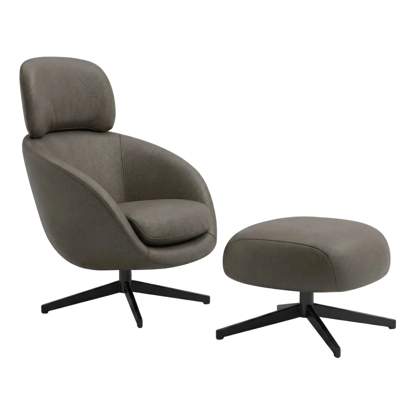 Modern Grey Leather Swivel Lounge Chair and Ottoman