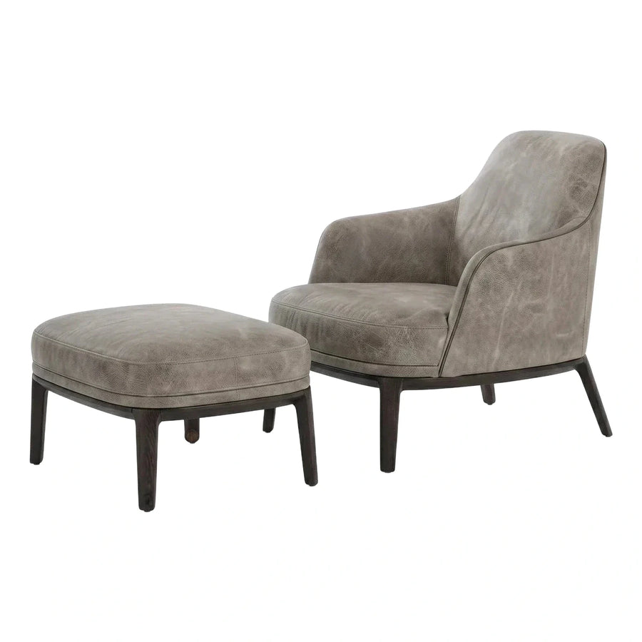Modern Grey Leather Lounge Chair and Ottoman