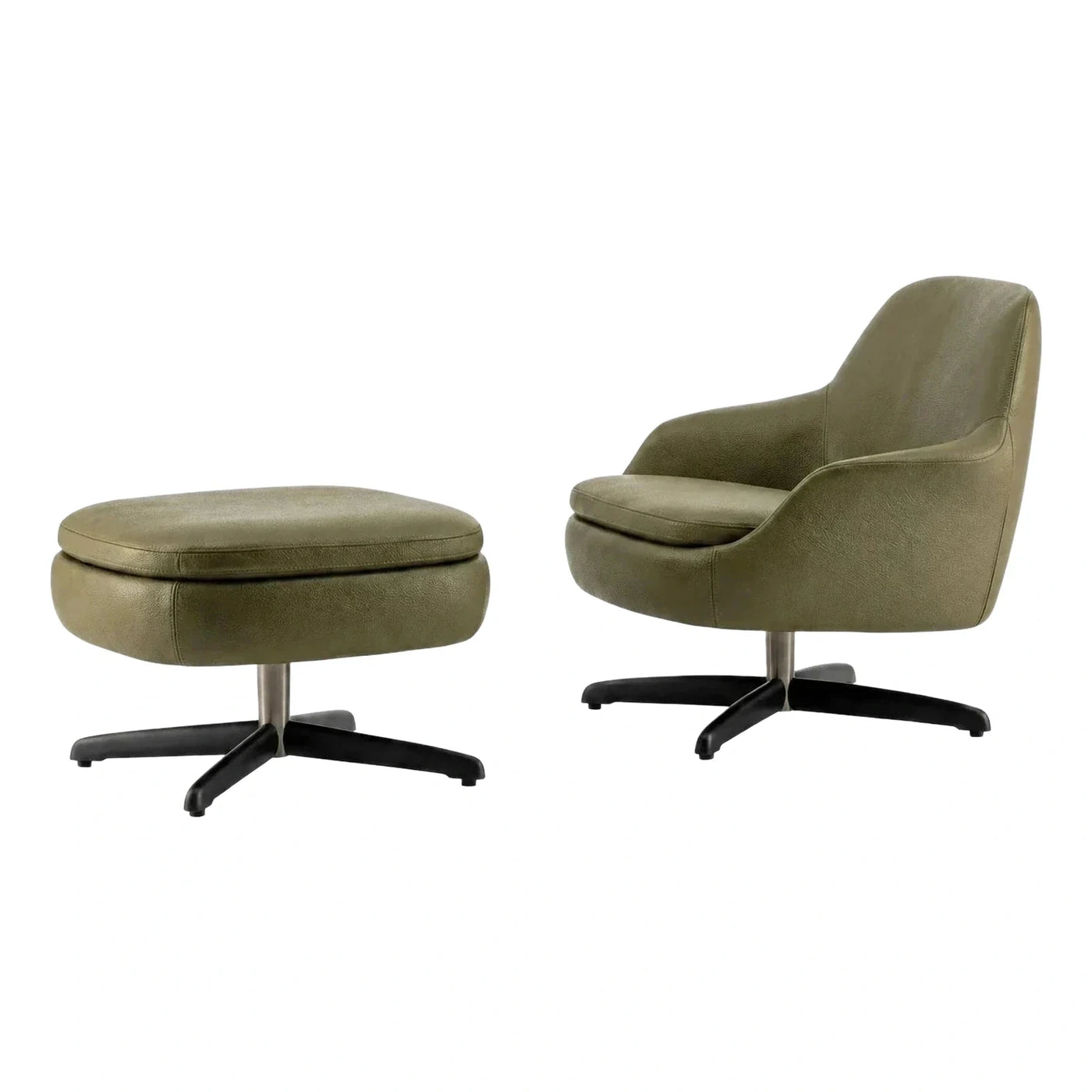 Olive Green Leather Swivel Lounge Chair and Ottoman