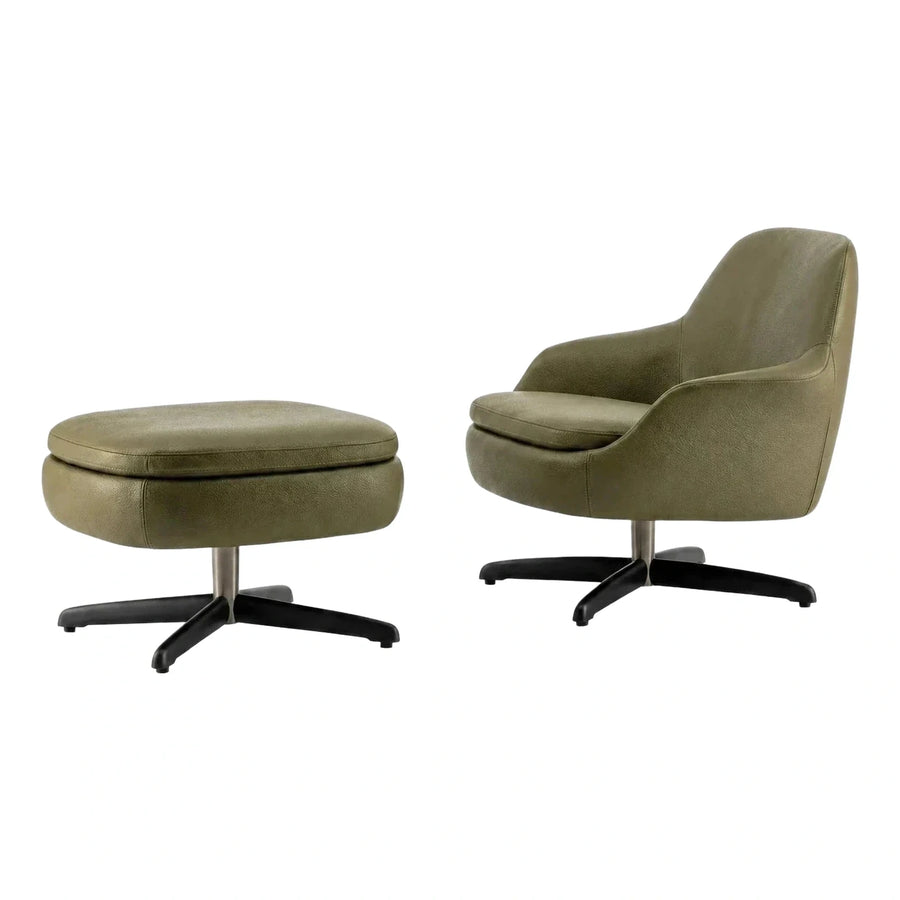 Olive Green Leather Swivel Lounge Chair and Ottoman