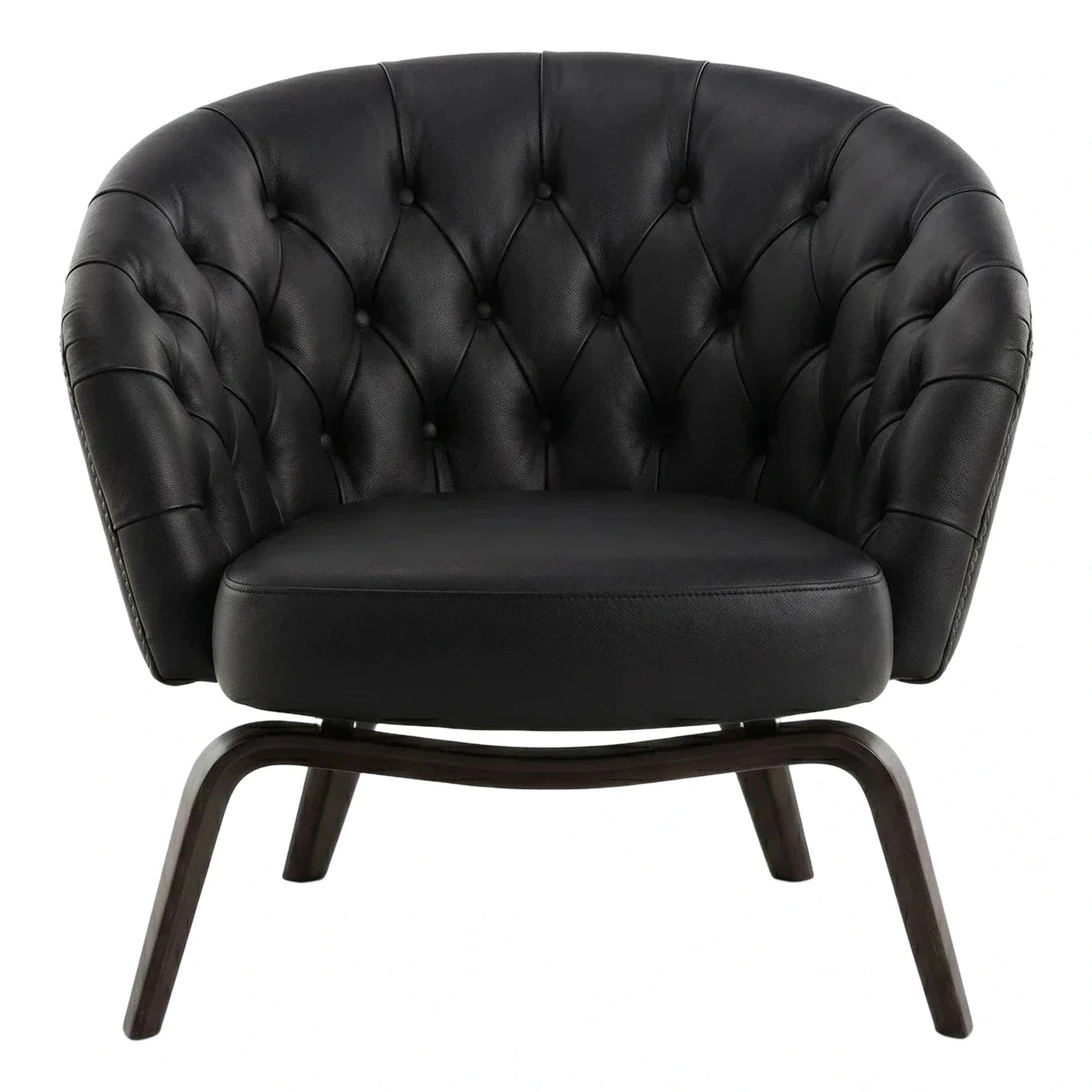 Black Tufted Leather Armchair with Curved Wood Base