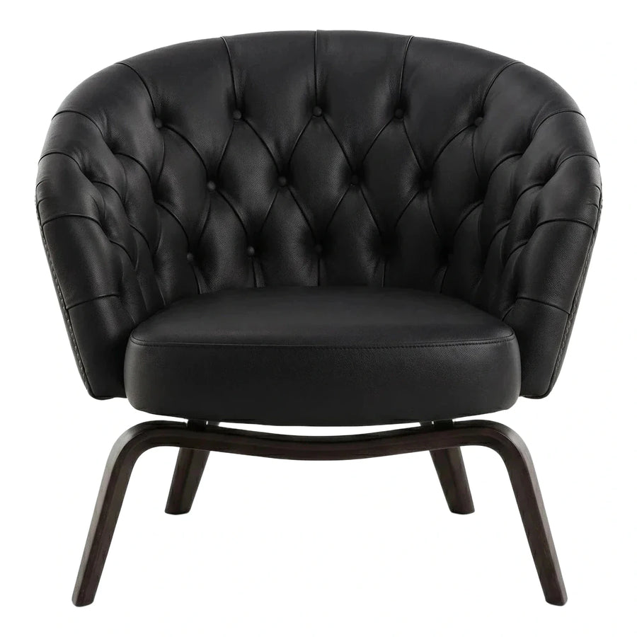 Black Tufted Leather Armchair with Curved Wood Base