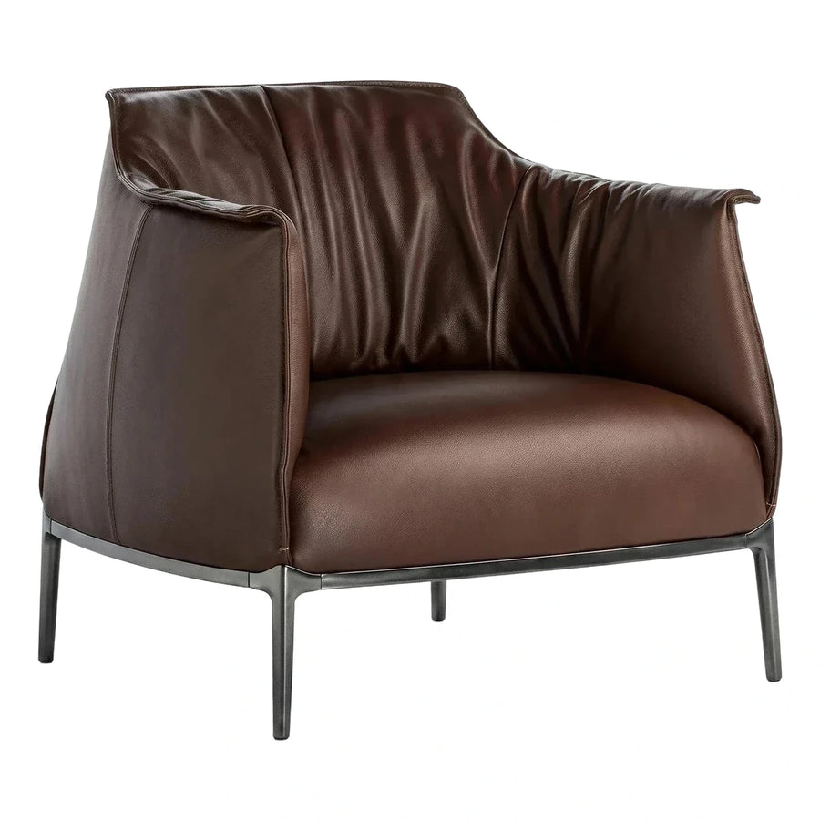 Modern Dark Brown Leather Armchair with Metal Base
