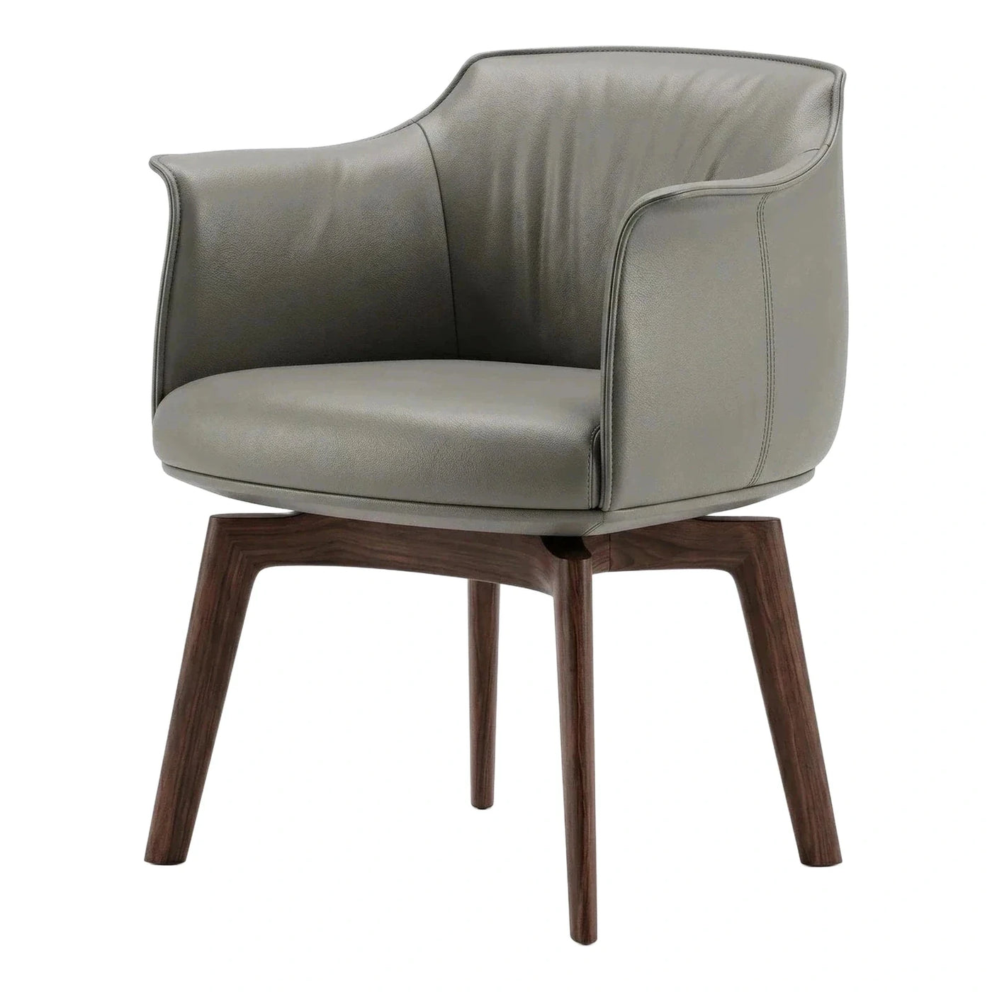 Modern Grey Leather Armchair with Dark Wood Legs