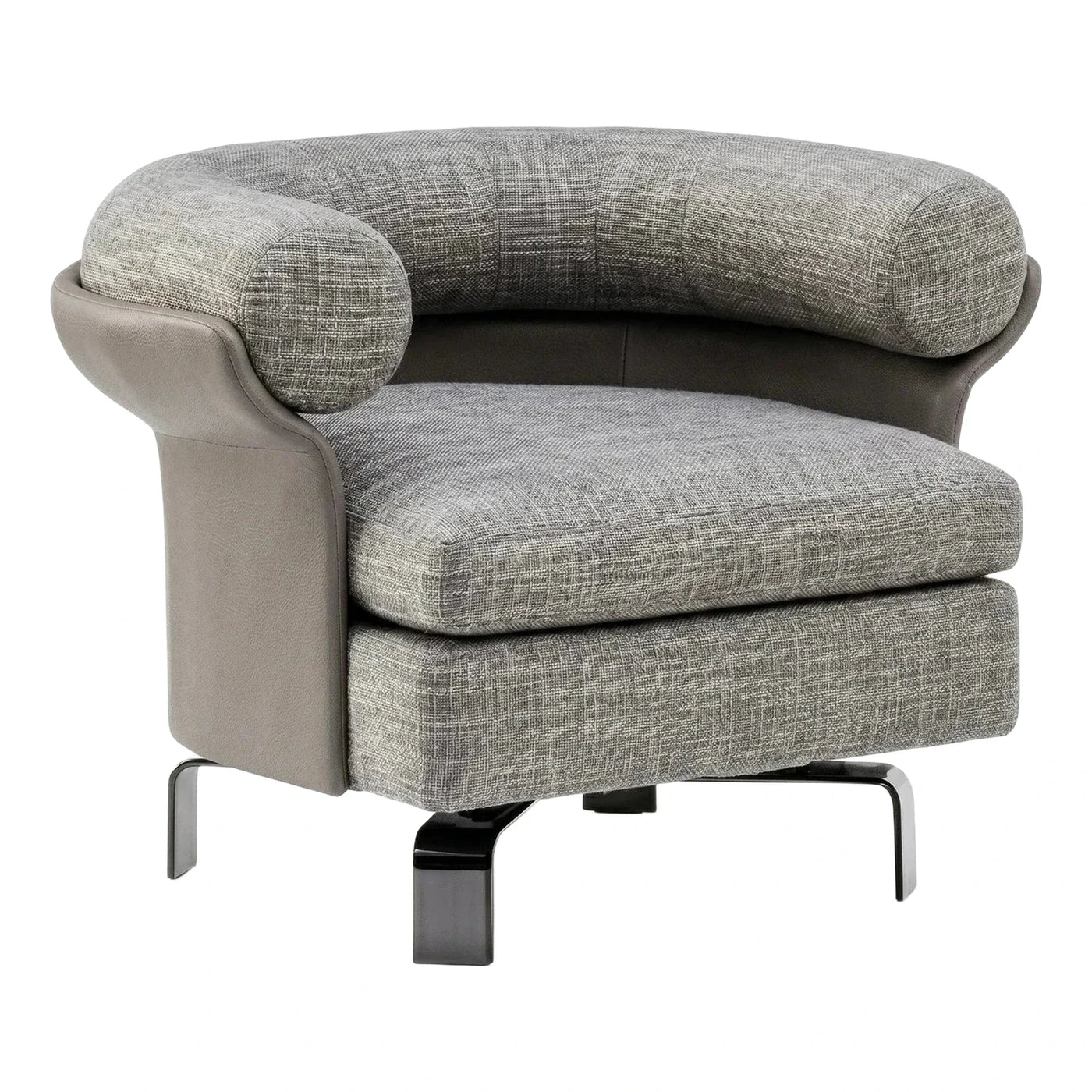 Grey Fabric and Leather Curved Armchair with Metal Base