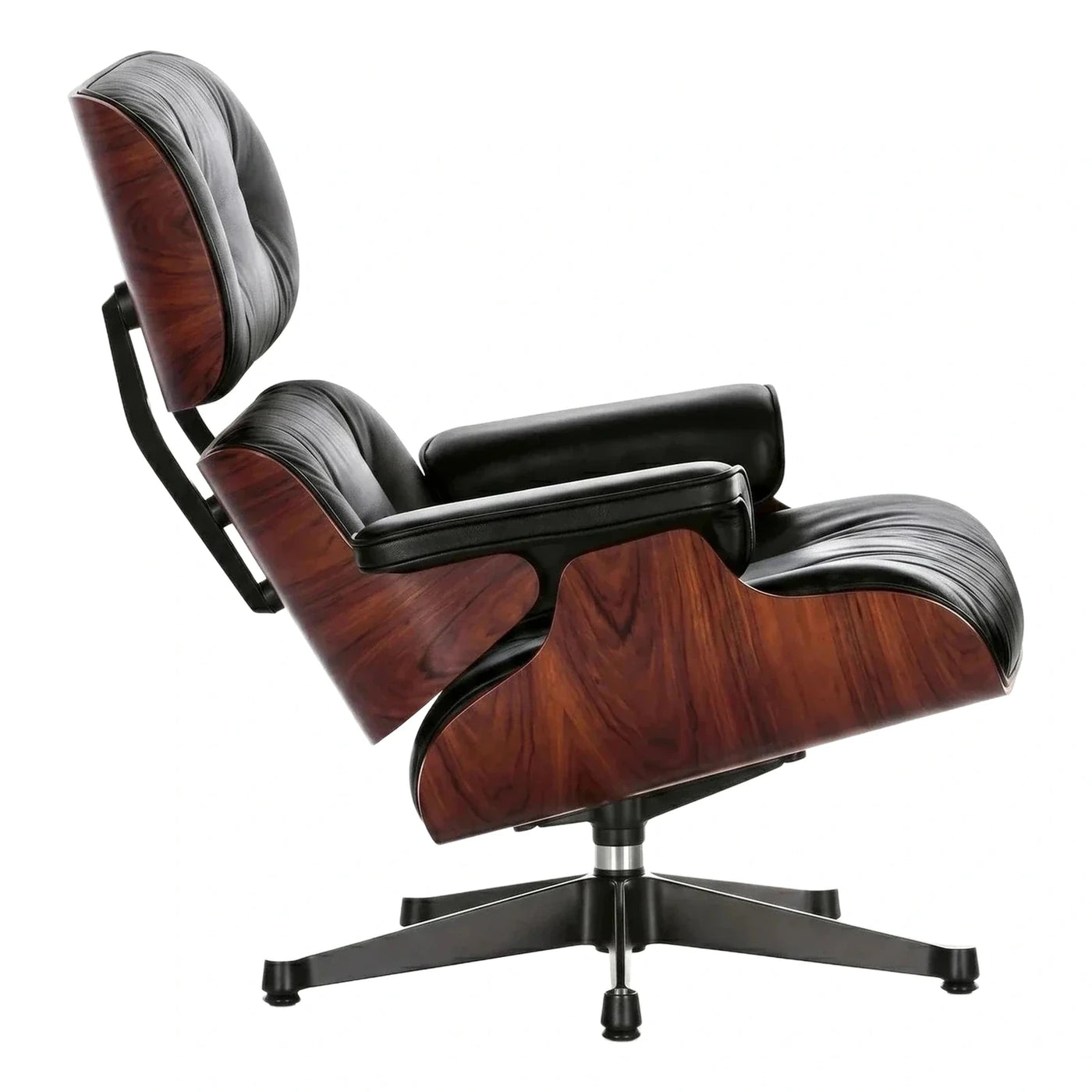 Black Leather Lounge Chair with Dark Wood Shell