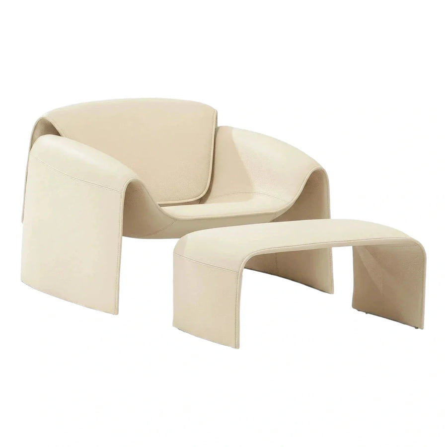 Modern Cream Leather Lounge Chair and Ottoman