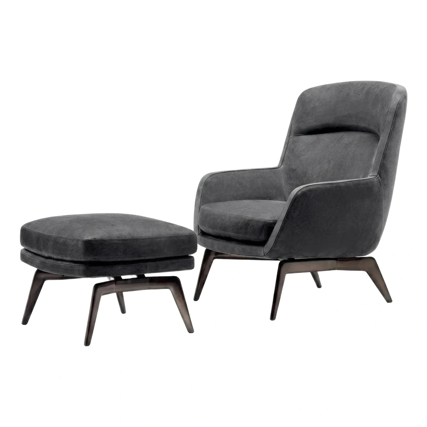 Dark Grey Leather Lounge Chair with Matching Ottoman