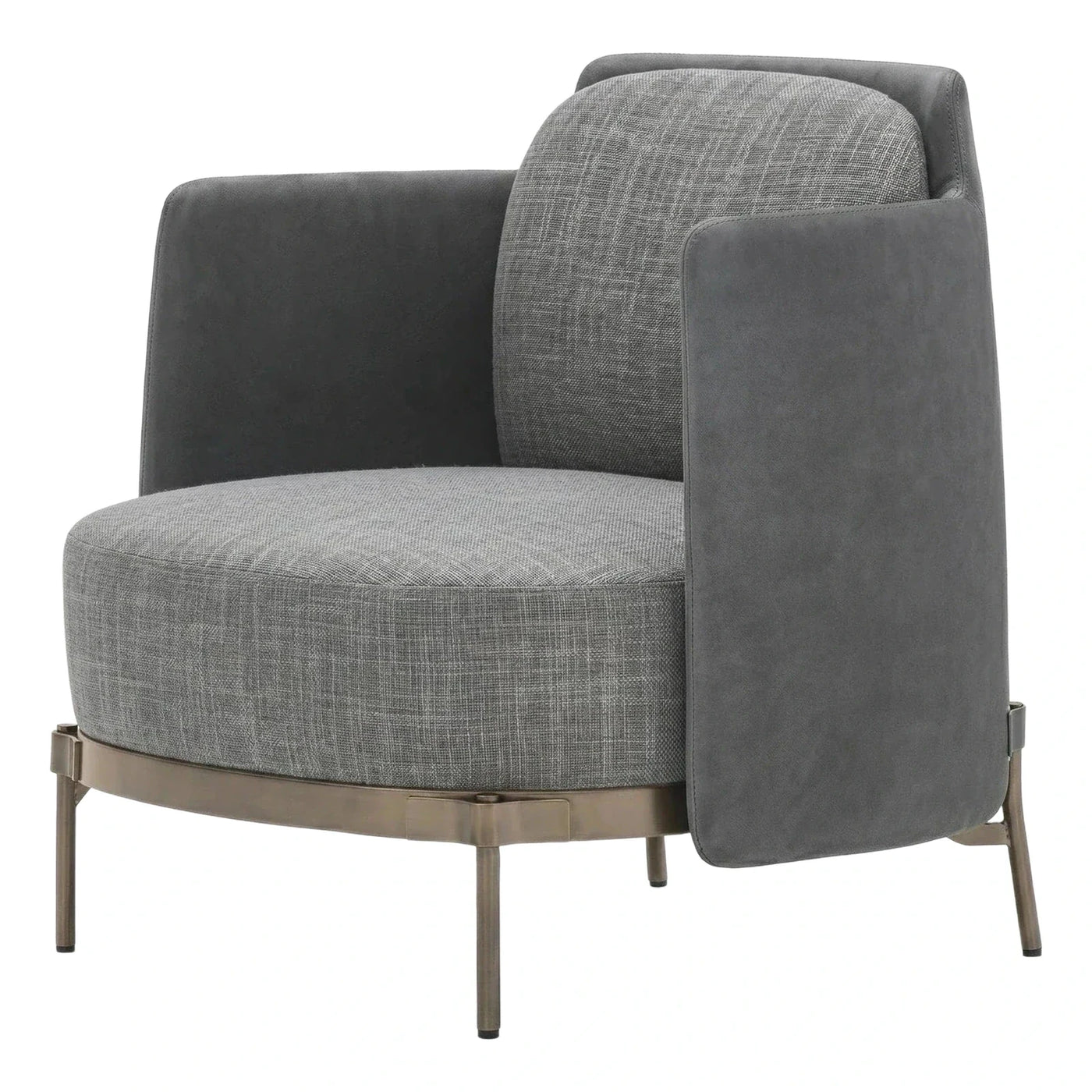 Modern Grey Fabric Armchair with Bronze Metal Base