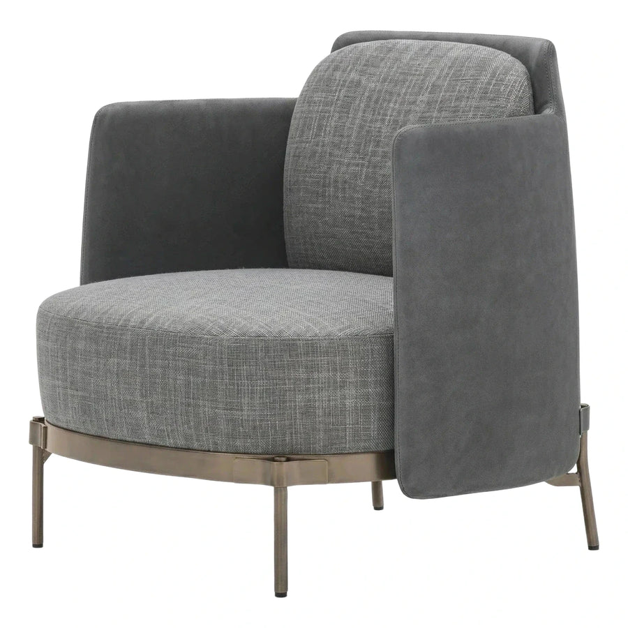 Modern Grey Fabric Armchair with Bronze Metal Base