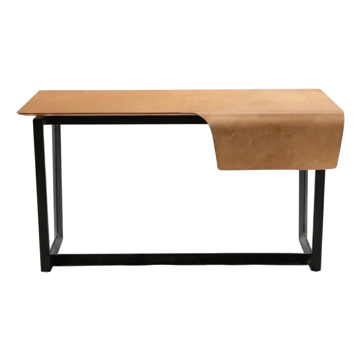 Modern Tan Leather Writing Desk with Black Metal Frame