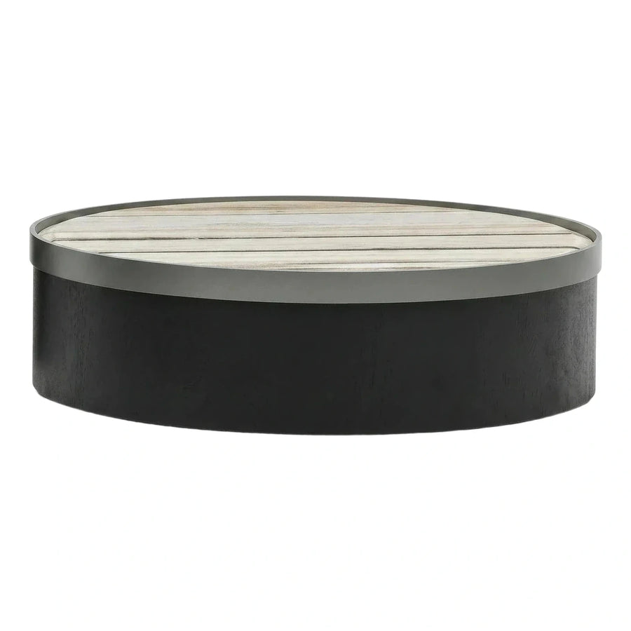 Modern Round Coffee Table Light Wood Top Black Base