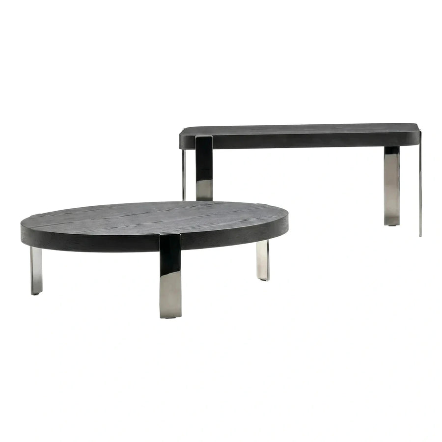 Modern Dark Wood Round Coffee and Console Table Set