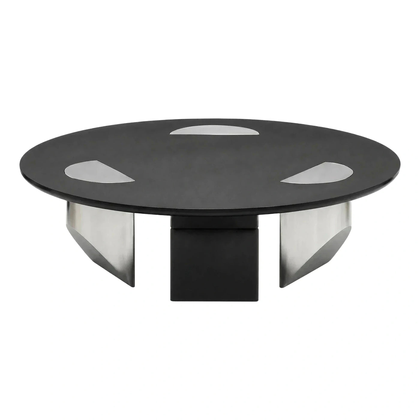 Round Black Coffee Table with Silver Metal Inlays