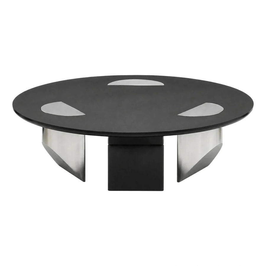 Round Black Coffee Table with Silver Metal Inlays
