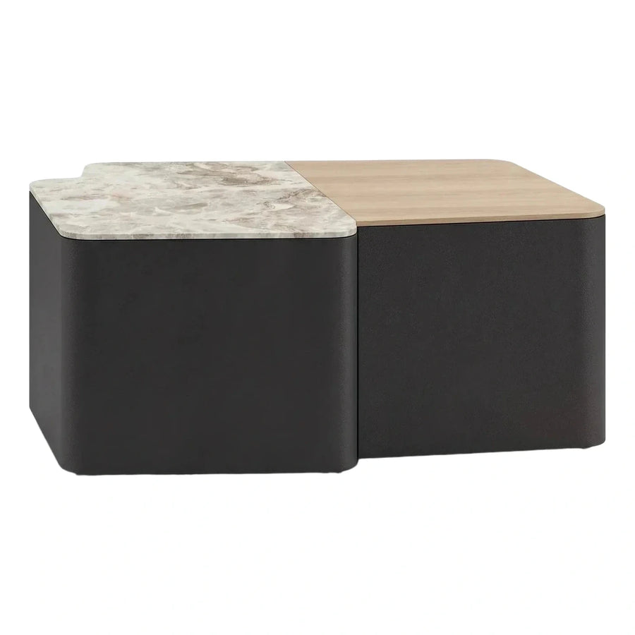 Modern Leather Base Coffee Table with Stone and Wood Tops