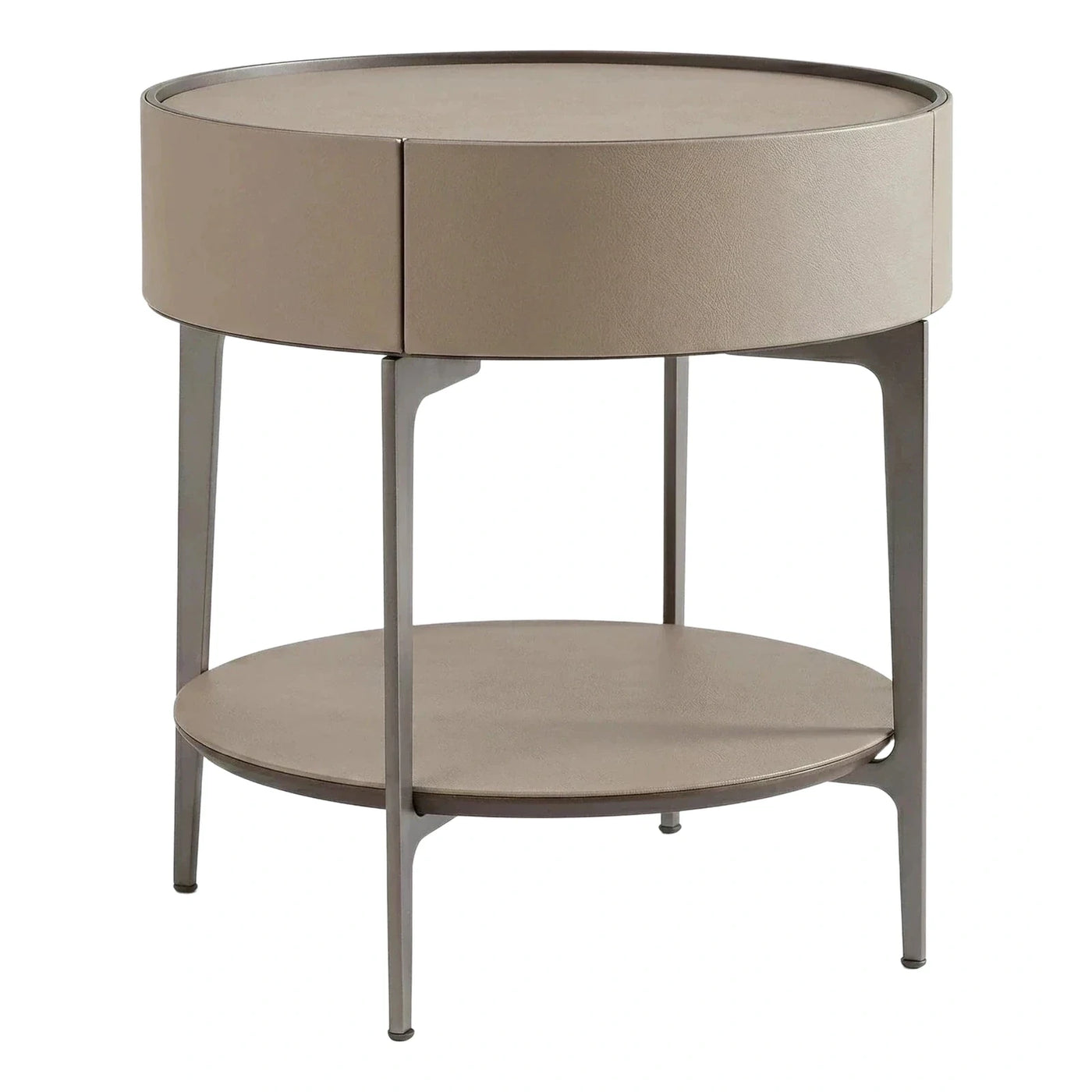 Round Taupe Leather Side Table with Metal Frame