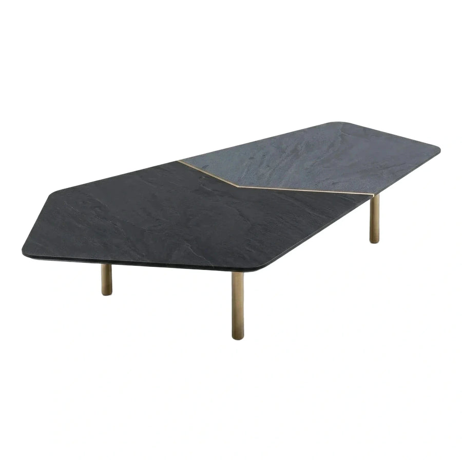 Modern Geometric Black Stone Coffee Table with Brass Legs