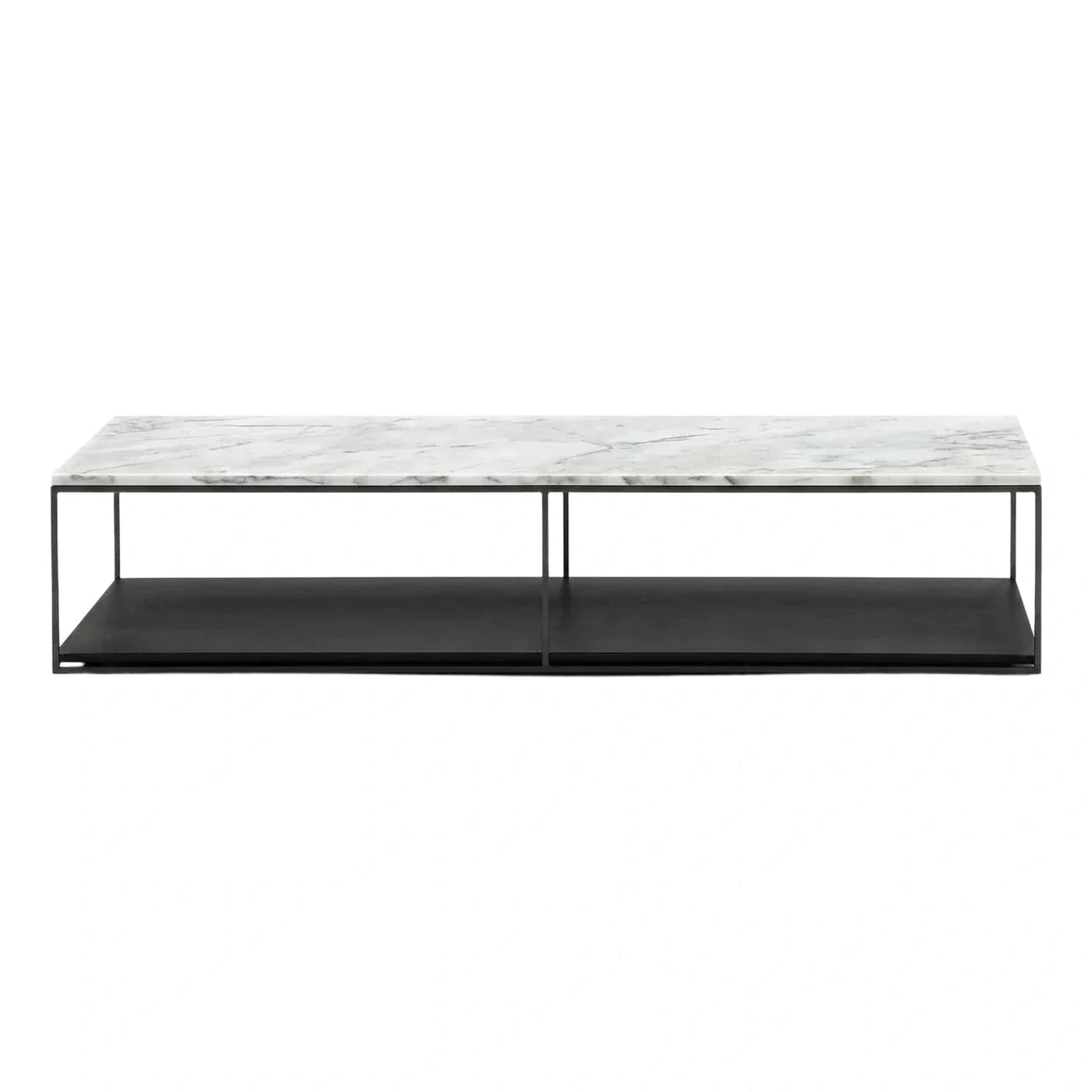 Modern Rectangular Marble Coffee Table with Black Metal Shelf