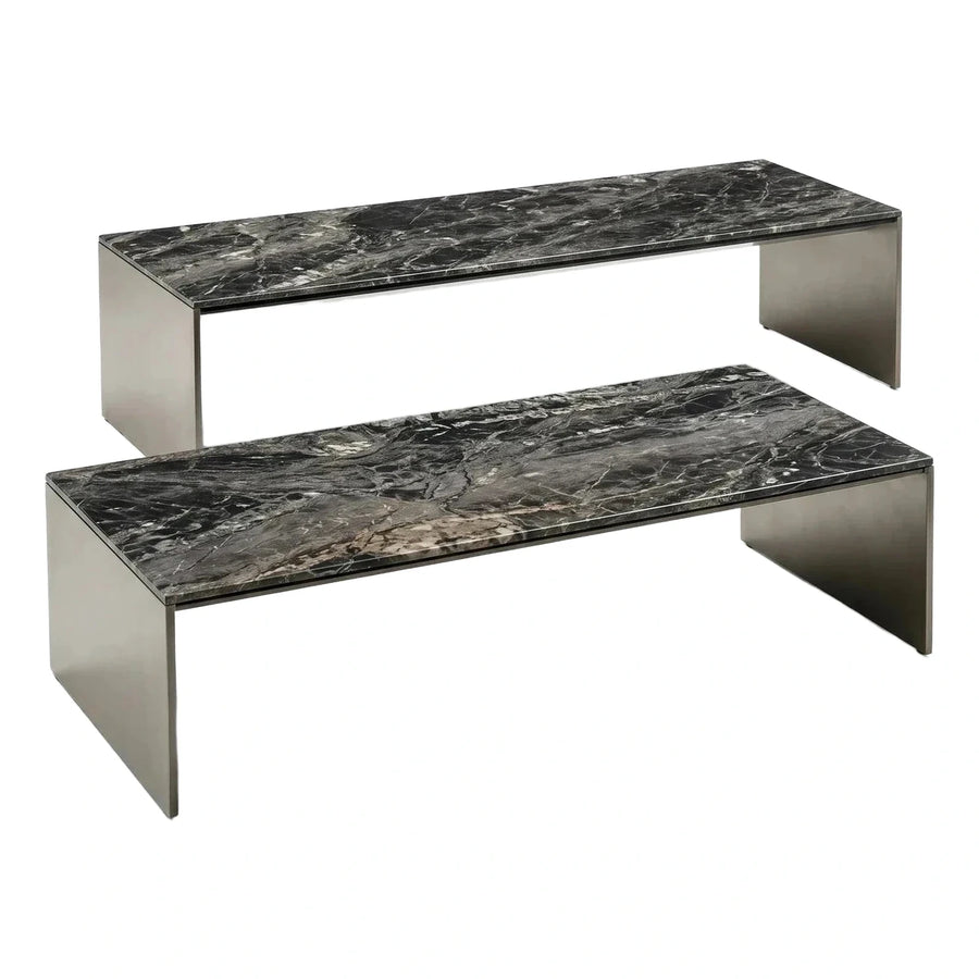 Modern Black Marble Coffee Table Set Metal Base